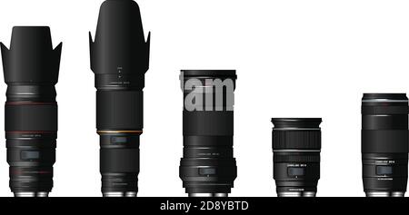 Set of professional realistic camera lenses. Vector illustration. Stock Photo