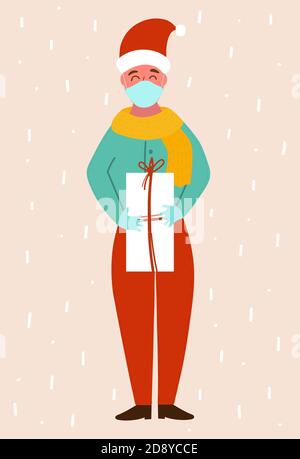 New normal. Man with protective medical face mask and blue gloves. Male holds christmas gift in his arms. Red hat, yellow sweater. Cartoon vector Stock Vector
