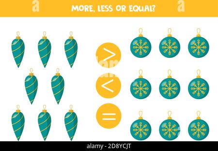 More, less, equal with Christmas baubles. Math game for children. Stock Vector