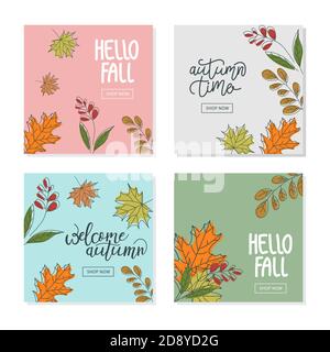 Set trendy abstract square banner templates with floral elements. Suitable for social media posts, mobile apps, banners design and web/internet ads.Ge Stock Vector