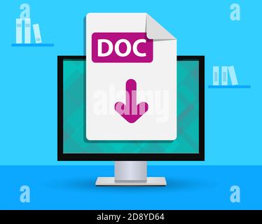 Design banner - Upload doc file. the desktop computer in the room is standing on the table running out of word file. Stock Vector
