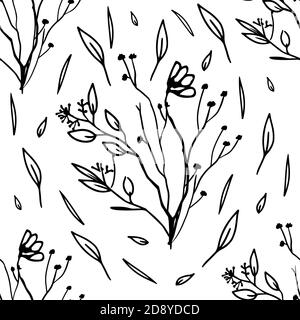 Vector Seamless Contour Floral Pattern. Hand Drawn Monochrome