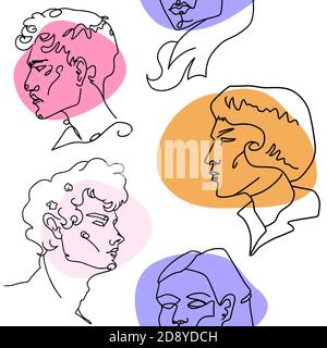 Continuous one line drawing of man portrait seamless pattern Stock Vector