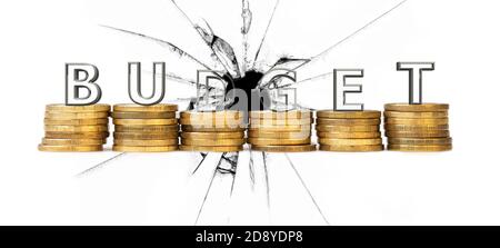 Word Budget of transparent letters arranged on stacks of coins against a background of holes on a white base. Concept leaky budget. Stock Photo