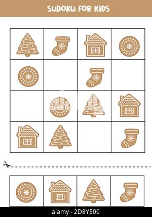 Sudoku with Christmas gingerbread cookies. Puzzle for preschoolers. Stock Vector