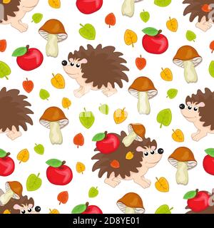 Cute hedgehog, multicolored apples and mushrooms seamless pattern, cartoon hand drawing, colorful autumn background. For design of children's prints, Stock Vector