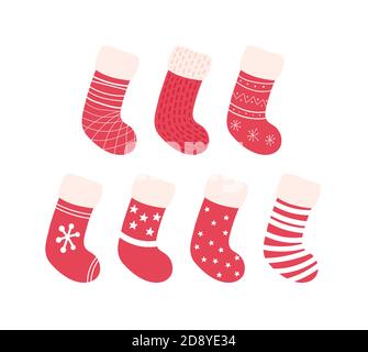 Set of cartoon christmas socks with decorations. New year colored stocking decorations. Element of funny celebration. Vector illustration isolated on Stock Vector