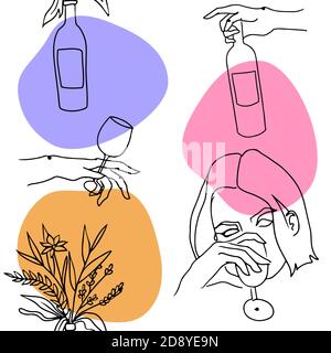 Vector line art style seamless pattern with female portrait, wine bottle, hand hold glass of wine flower arrangement. Modern pattern for textile Stock Vector