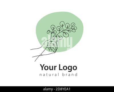Hand-drawn minimalist vector logo. Hand holds eucalyptus illustration for eco brand promotion Stock Vector