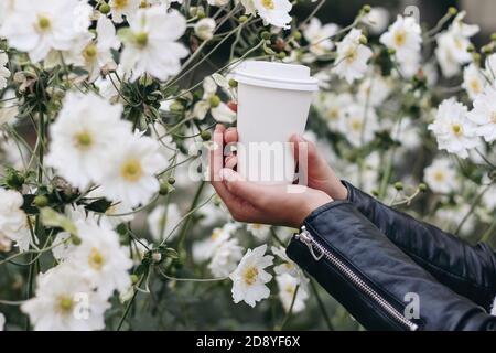Female hands holding takeaway coffee. Blank white paper cup mockup with plastick lid. Closeup of woman in black leather jacket among blooming white Stock Photo