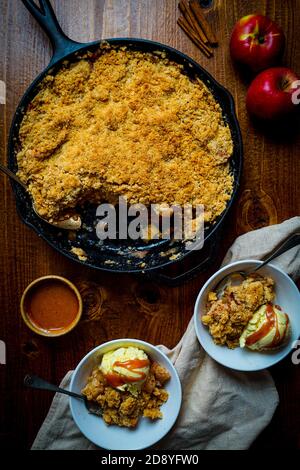 Apple Crisp in a Cast Iron Skillet Stock Photo