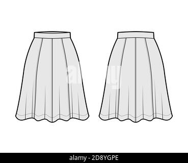 Skirt eight gore technical fashion illustration with below-the-knee silhouette, semi-circular fullness. Flat bottom template front, back, grey color style. Women, men, unisex CAD mockup Stock Vector