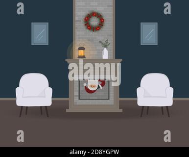 Christmas eve. Cute funny Santa Claus sneaks into the house through the fireplace and you can only see his face.A beautiful Christmas wreath Stock Vector