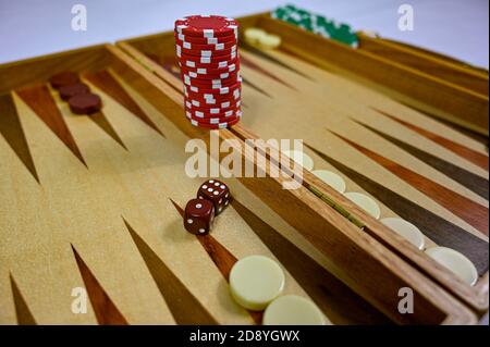 backgammon board with game pieces markers and dices Stock Photo