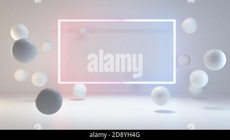 Product display area concept created with globe shapes and rectangular neon light background 3D rendering Stock Photo