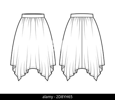 Skirt handkerchief technical fashion illustration with circular knee silhouette, pencil fullness, thin waistband. Flat bottom template front, back, white color style. Women, men, unisex CAD mockup Stock Vector