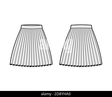 Skirt pleat technical fashion illustration with above-the-knee silhouette, circular fullness, thick waistband. Flat bottom template front, back, grey color style. Women, men, unisex CAD mockup Stock Vector