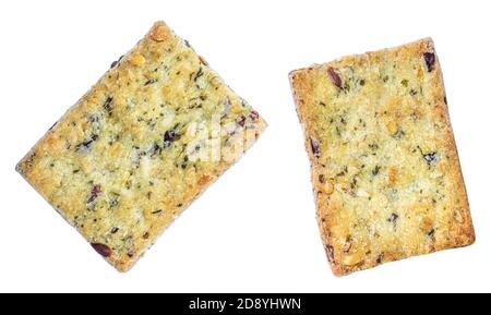 Salted crispy crackers with sesame, rosemary  and sunflower seeds isolated on white background. Top view Stock Photo