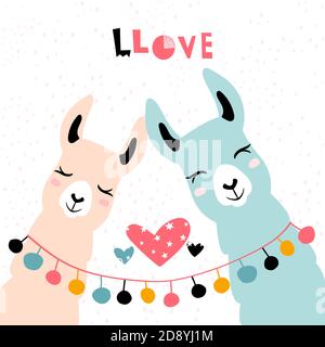 Llama Alpaca. Pair of loving llamas. Vector illustration Stock Vector
