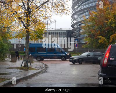 Strasbourg, France - Oct 23, 2020: Blocking the street to European Parliament - police security forces wearing anti-covid masks Gendarmerie securing the zone around European Parliament Stock Photo