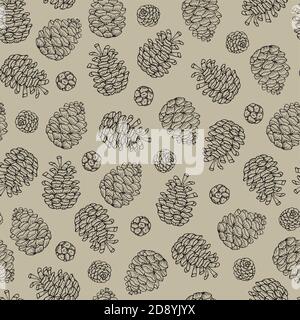 Elegant hand drawn Christmas seamless pattern with pine and cypress cones. Winter vintage engraving design. Golden vector illustration background Stock Vector