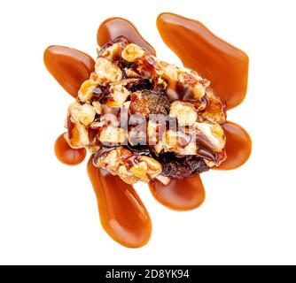 Granola bar with roasted nuts and caramel  isolated on white background. Muesli bar Top view Stock Photo