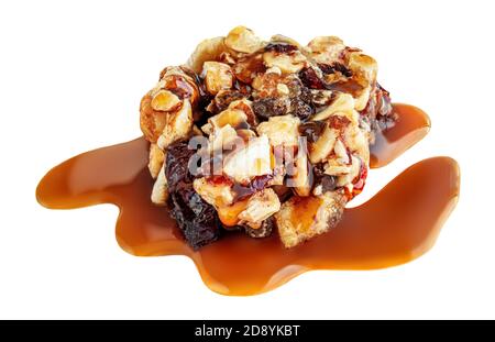 Granola bar with roasted nuts and caramel sauce   isolated on white background. Cereal energy Muesli bar Top view Stock Photo
