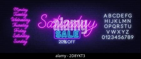 Saturday Sale neon sign on brick wall background. Template for discount. Stock Vector