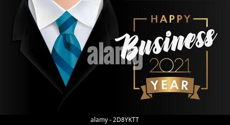 Happy business year 2021 background design. 2021 new year design template. Black businessman suit and blue tie with text. Vector illustration Stock Vector