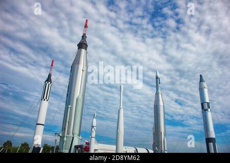 Several rockets are exhibited in rocket garden in the visitor complex of Kennedy Space Center near Cape Canaveral in Florida Stock Photo