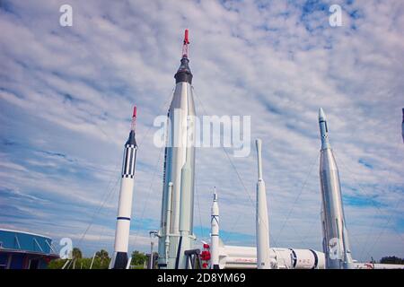 Several rockets are exhibited in rocket garden in the visitor complex of Kennedy Space Center near Cape Canaveral in Florida Stock Photo