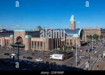 FINLAND, HELSINKI, JUL 02 2017, Main train station at Helsinki (Helsingin Rautatieasema), Finland. Outside the Helsinki Central Railway Station. Stock Photo