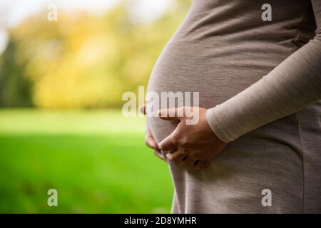 Close-up of pregnant woman who is holding her stomach in park. Stock Photo