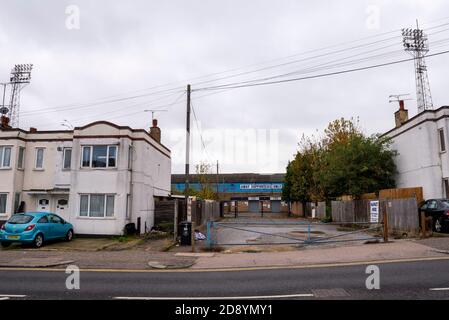 Fairfax Drive entrance turnstiles to Roots Hall stadium ground, home to Southend United Football Club in residential area. Planned for redevelopment Stock Photo