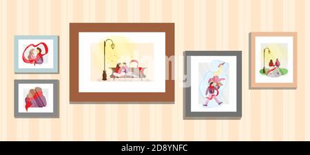 Young couple in love family memories portrait photos frames on wall with wallpaper. Boyfriend and girlfriend relationship moments vector flat illustration Stock Vector