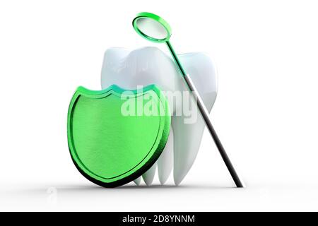 Shield with a dental mirror near a tooth. Concept of dental care and regular dental checkup and treatment. 3d illustration Stock Photo