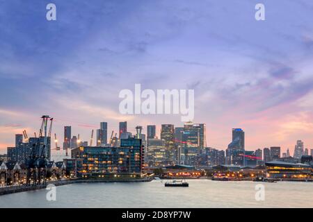 UK, London, urban skyline of central London. Distant view, illuminated buildings, CBD, downtown district, dusk, suburban view Stock Photo