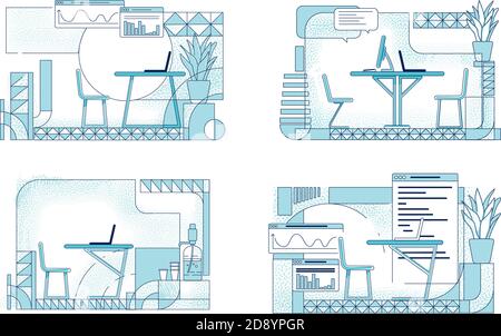 Modern office interior designs outline vector illustrations set. Business rooms contour compositions on white background. Sales analyst, programmer Stock Vector