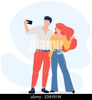 Couple taking selfie flat color vector faceless characters Stock Vector