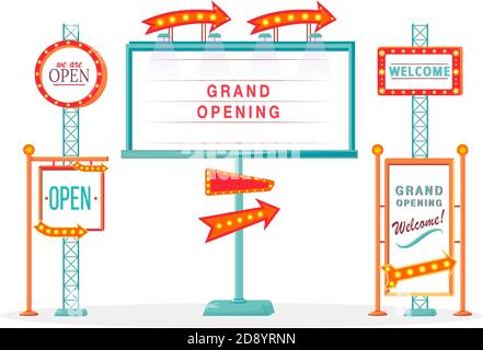 Grand opening vintage vector ads board sign illustrations set Stock Vector