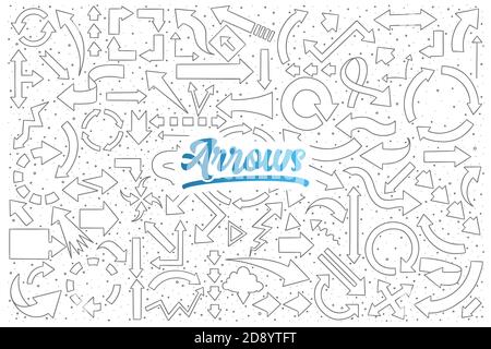 Hand drawn set of arrows doodles with blue lettering in vector Stock Photo