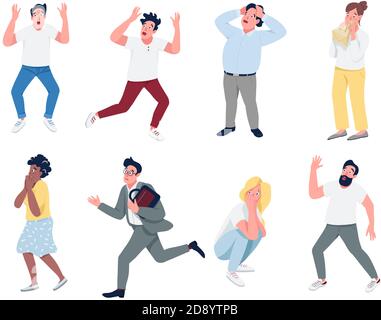People in panic flat color vector detailed characters set Stock Vector