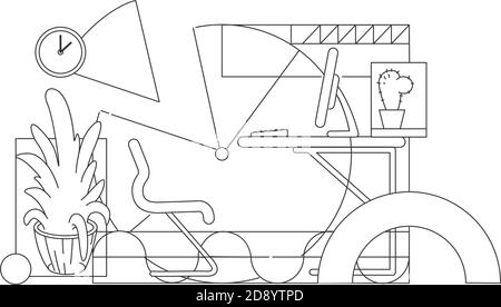Modern comfortable equipped workplace outline vector illustration. Contemporary office interior design contour composition on white background Stock Vector