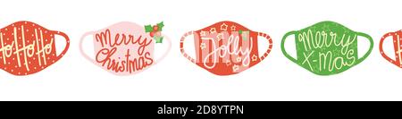 Christmas face masks seamless vector border. Coronavirus pandemic related Holiday design. Repeating horizontal pattern with protective face masks Stock Vector