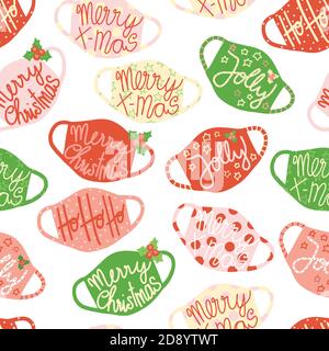 Christmas face masks seamless vector background. Coronavirus pandemic related Holiday design. Repeating pattern with colorful protective face masks Stock Vector