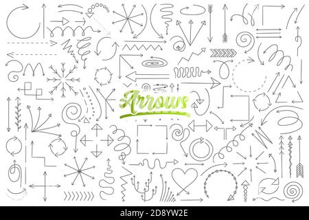 Hand drawn set of arrow doodles with green lettering in vector Stock Photo