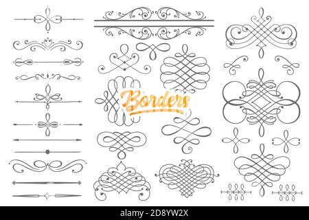 Hand drawn borders doodle set with orange lettering in vector Stock Photo