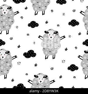Sheep monochrome seamless pattern with clouds and stars in Scandinavian style vector illustration. Stock Vector