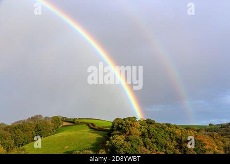 Devon fields with rainbow,Landscape - Scenery, Agriculture, Beauty In Nature, Blue, Branch -  England, English Culture, Europe, Footpath, Stock Photo