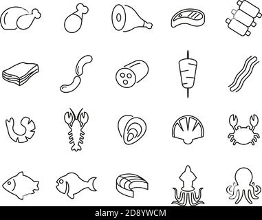 Meat & Seafood Icons Black & White Thin Line Set Big Stock Vector